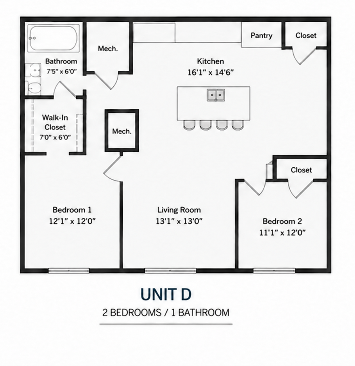 Floor plan of a two-bedroom, one-bathroom apartment labeled 'Unit D' with a total area of 860 square feet. It includes a living room, kitchen with pantry, two bedrooms with closets, a bathroom, two mechanical rooms, and a walk-in closet.