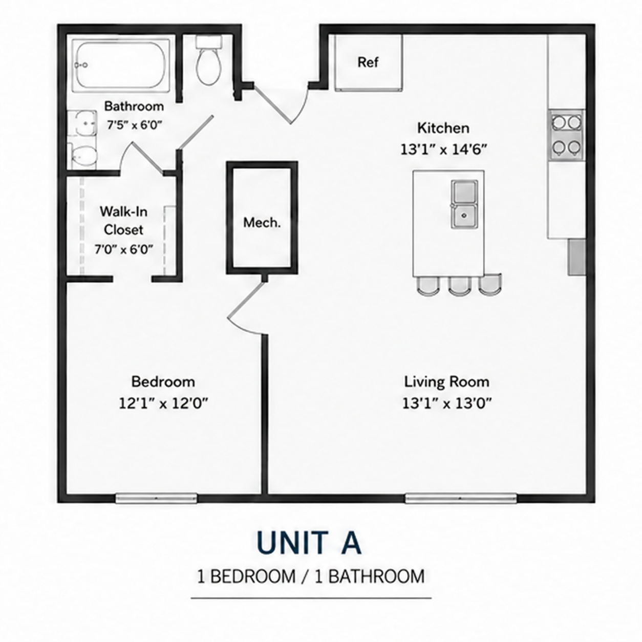Floor plan of a one-bedroom, one-bathroom apartment unit with dimensions, including a kitchen, living room, bedroom, walk-in closet, bathroom, and mechanical room.