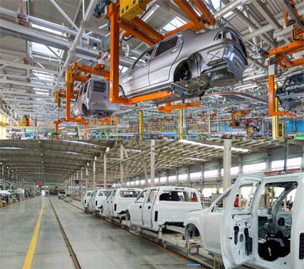 Automobile assembly line with cars in various stages of assembly inside a factory.