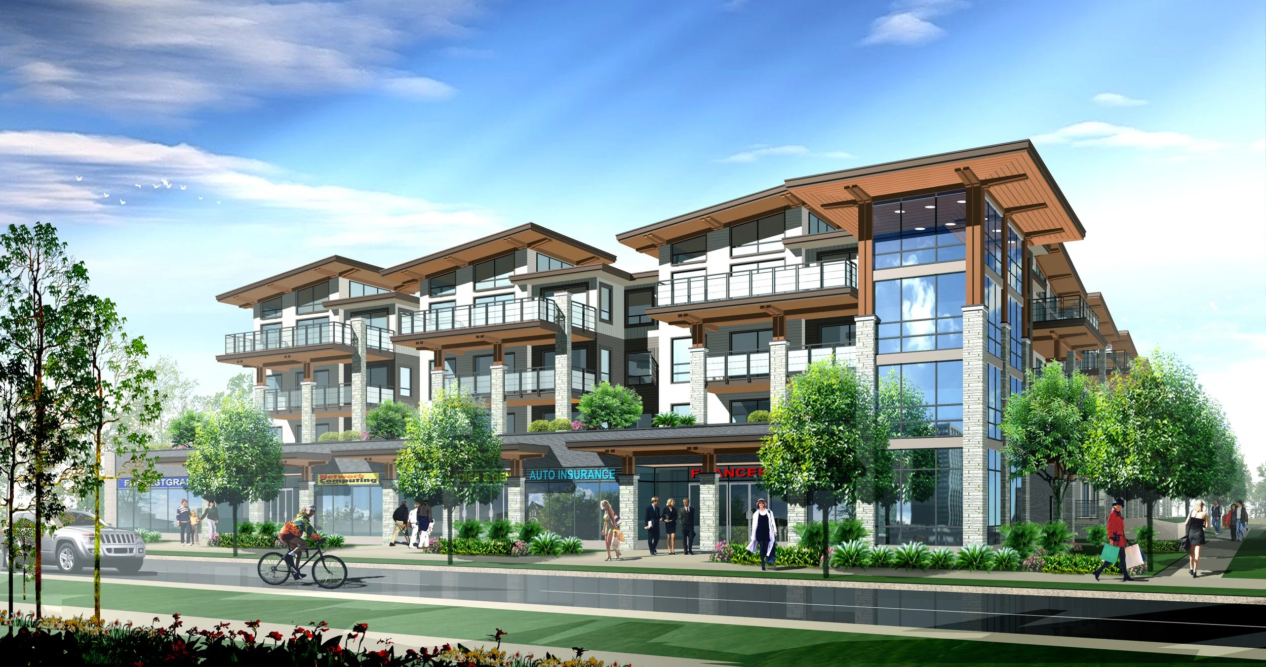 Modern multi-story building with retail shops on the ground floor and residential units above, surrounded by trees and people walking and biking outside on a sunny day.