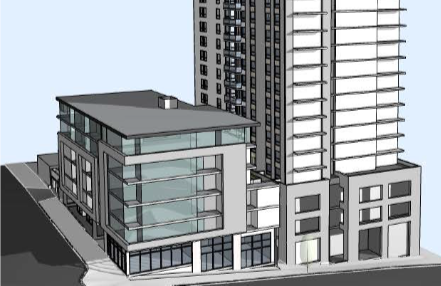 Rendering of modern multi-story building with glass windows and surrounding high-rise structures.