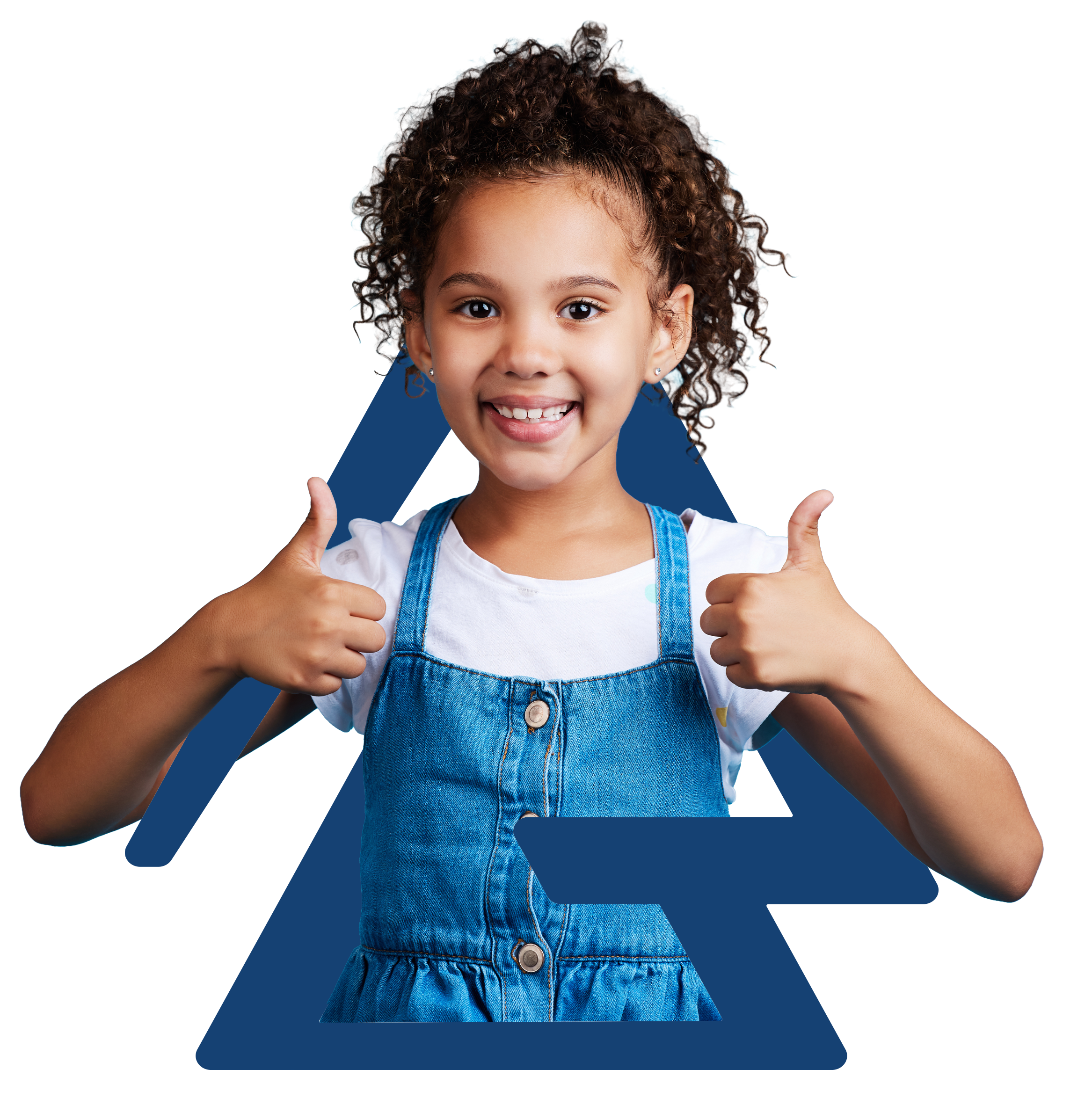 Young girl with curly brown hair, smiling, giving two thumbs up, wearing a white shirt and denim overalls.