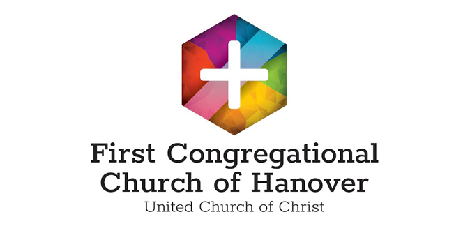 Logo of First Congregational Church of Hanover, United Church of Christ, featuring a colorful hexagon with a white cross in the center.