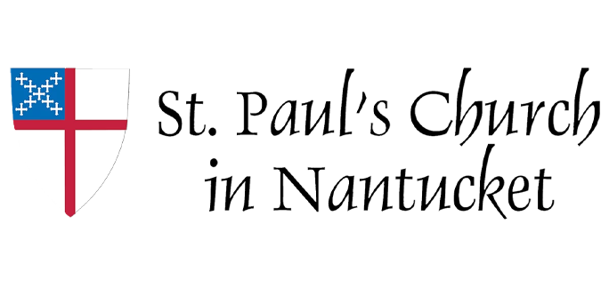 The logo of St. Paul's Church in Nantucket, featuring a shield with a cross and stars, and text beside it.
