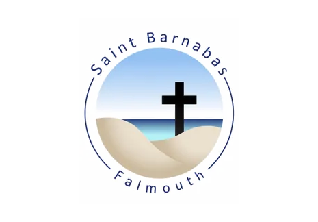 Logo of Saint Barnabas Falmouth featuring a black cross on a sandy hill with a background of blue sky and ocean, encircled by the name.