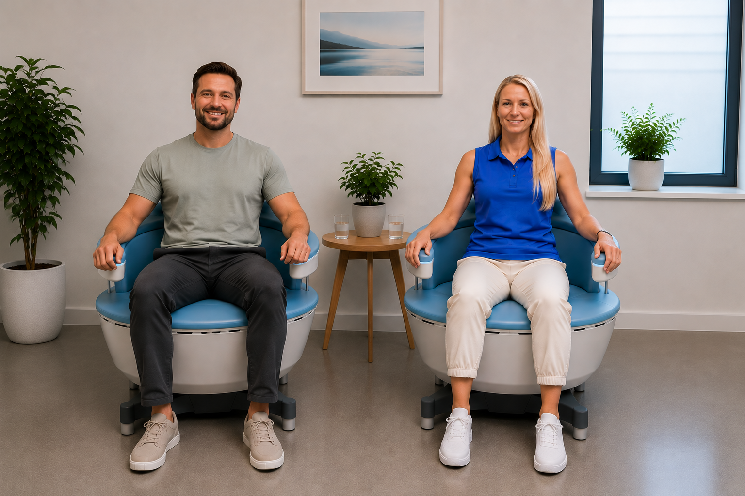 A man and woman sit on pelvic floor treatment chairs