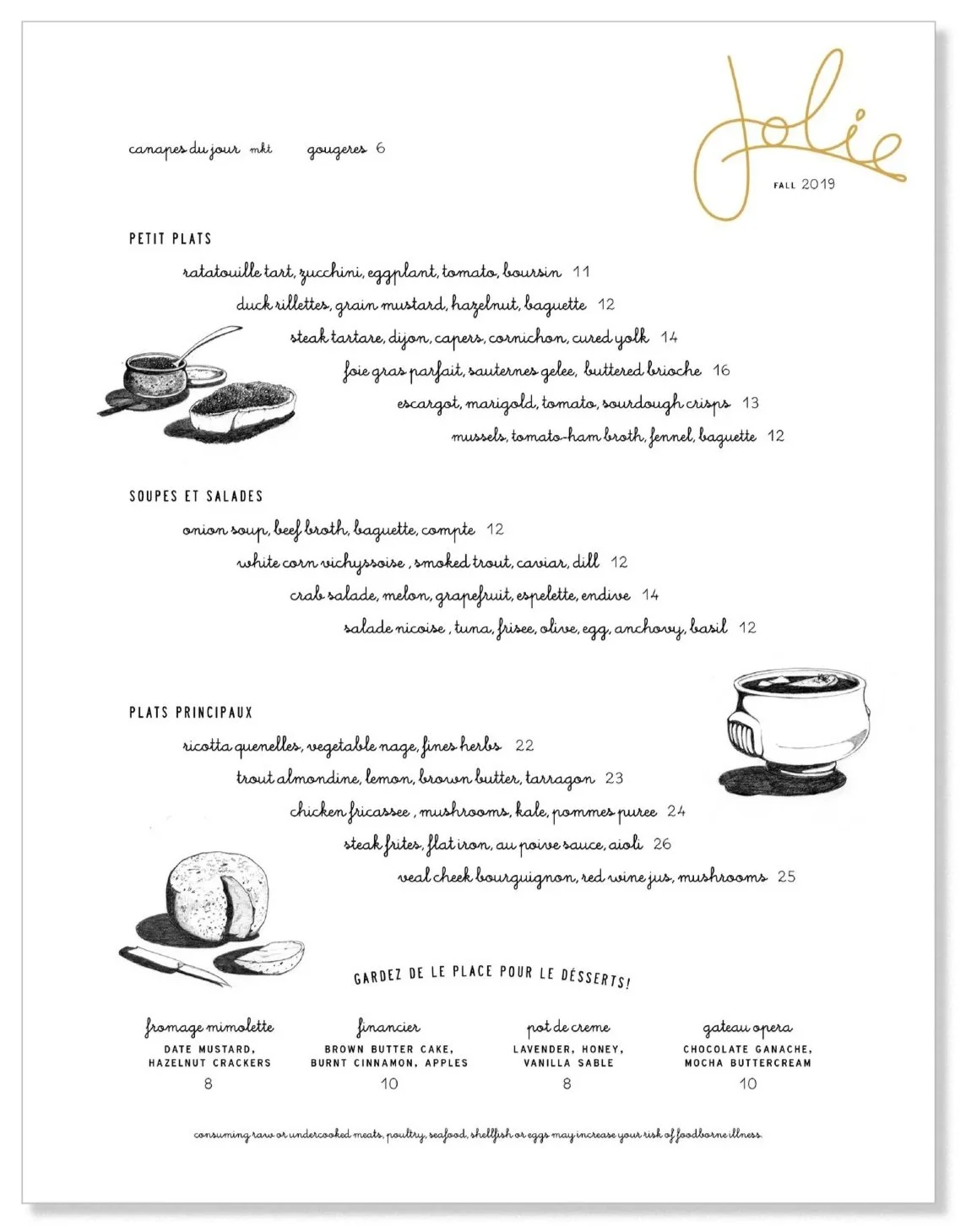 Menu illustrations for Jolie - Art direction by Paul Tuorto