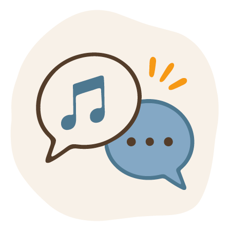 Illustration of overlapping speech bubbles featuring a musical note and three dots.