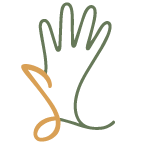A line drawing of a green hand with a golden music note overlapping where the thumb is on the hand.