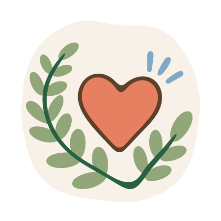 Illustration of a coral-colored heart framed by green leafy branches and blue accents.
