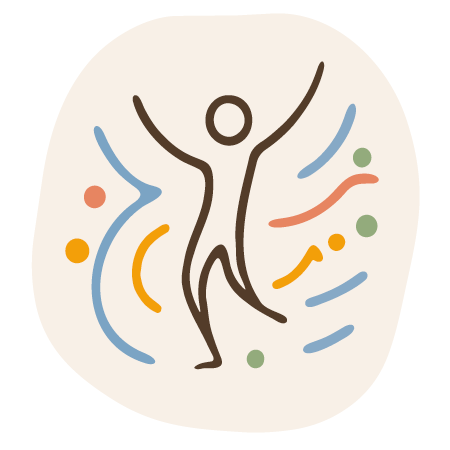 Illustration of a person dancing with raised arms, surrounded by colorful lines and dots.