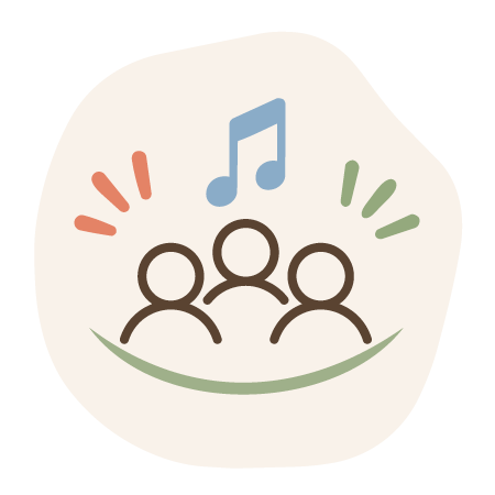 Illustration of three people beneath a musical note, surrounded by colorful accent lines.