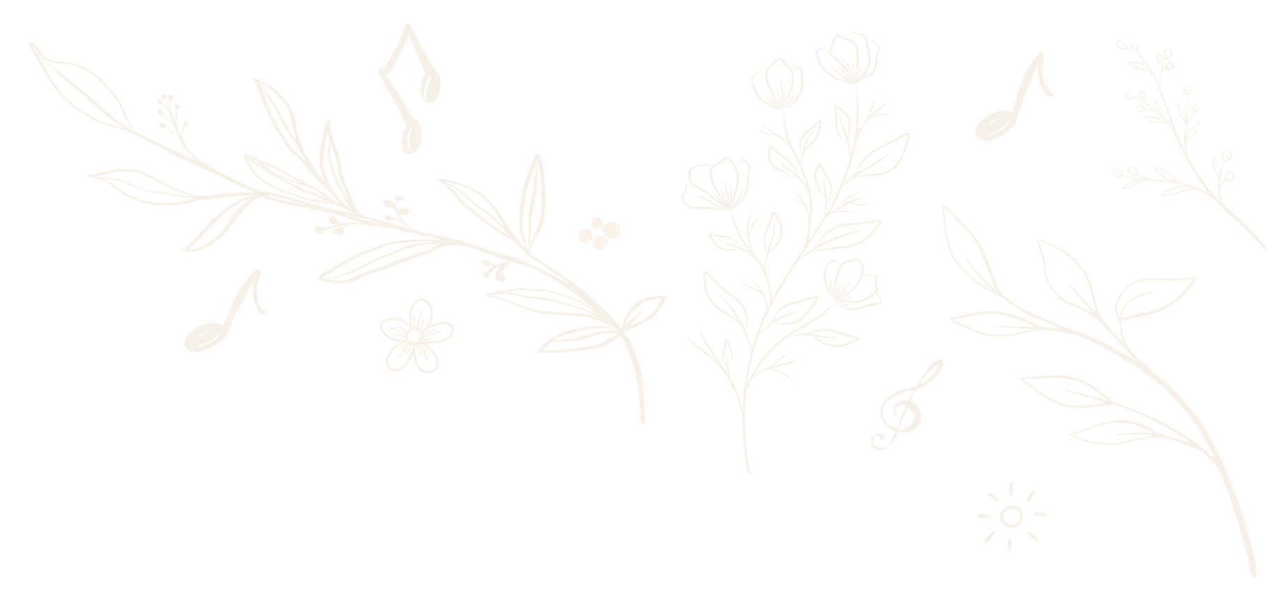 Decorative botanical illustration featuring flowers, leafy branches, and musical notes.