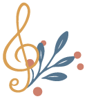 Illustrated mustard-yellow treble clef with blue leaves and pink accents.