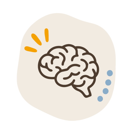 Illustration of a brain with three yellow lines indicating activity or thinking, and three small blue dots next to it.