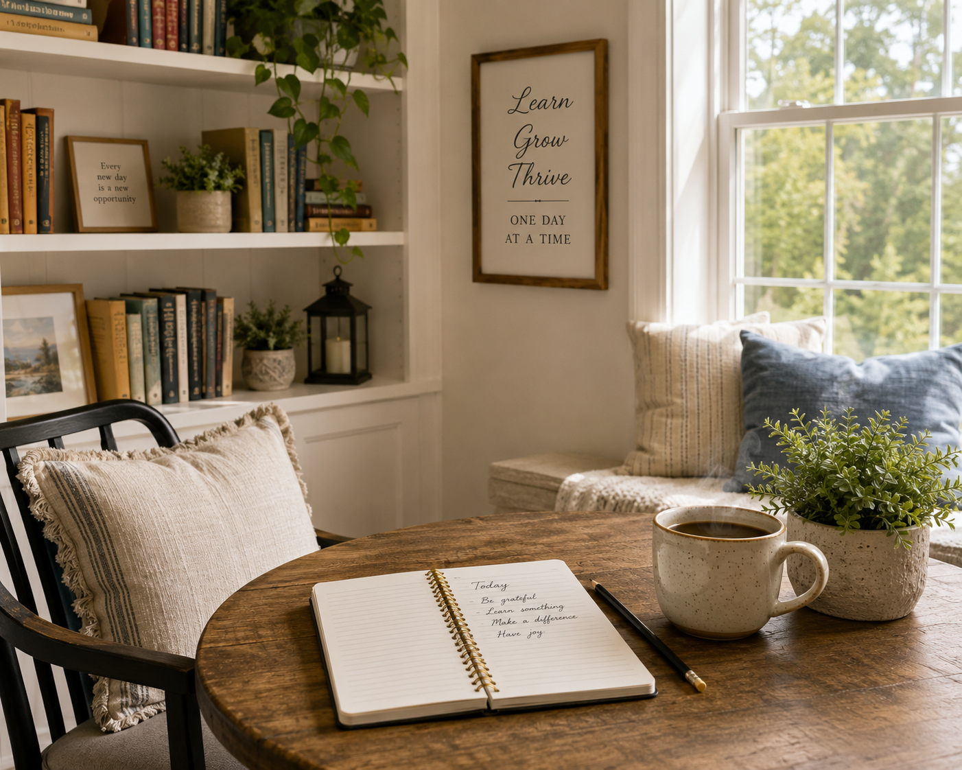 Cozy indoor reading nook with books, notebook, coffee and a bright window.