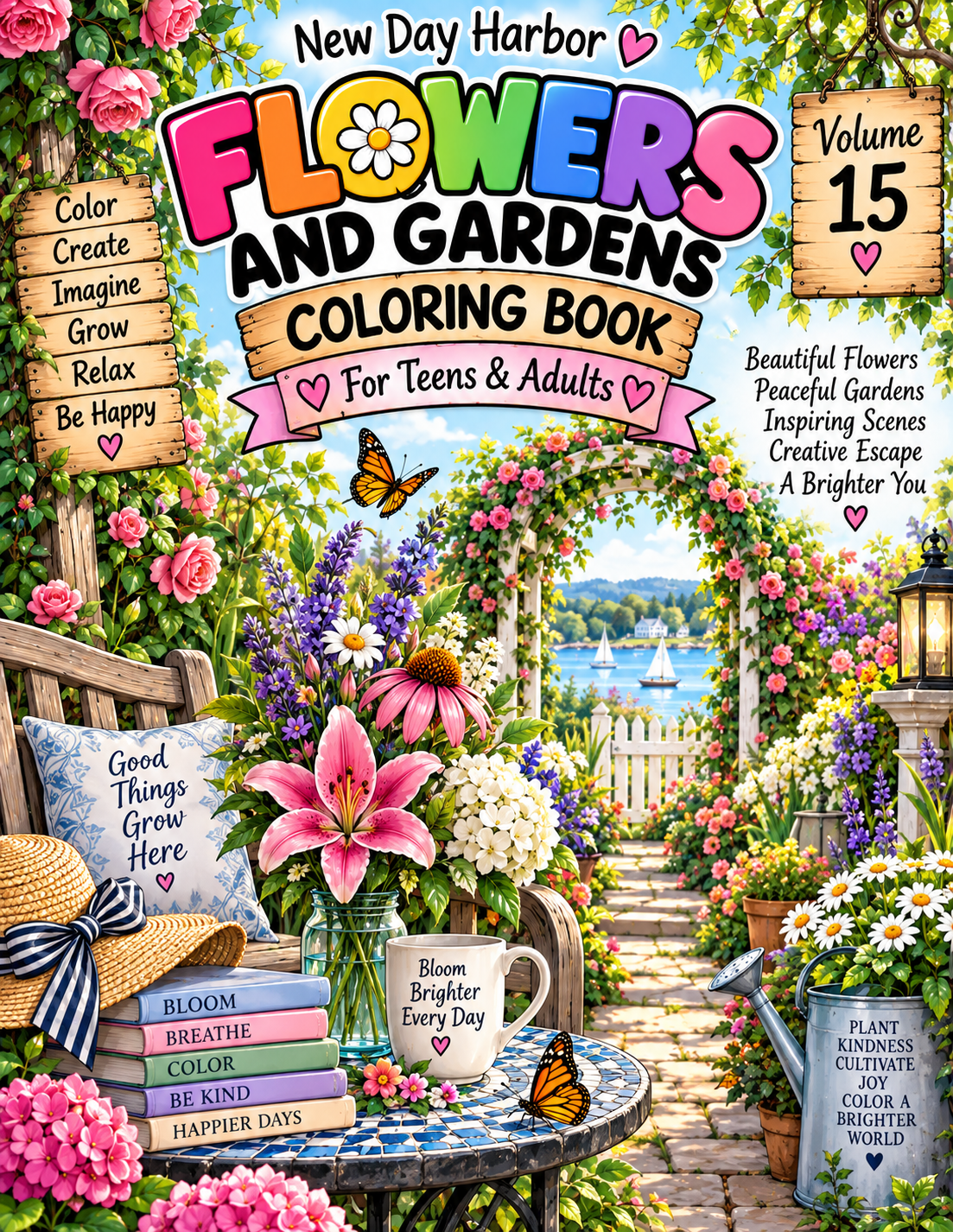 New Day Harbor – Flowers & Gardens Coloring Book for Teens & Adults, Volume 15