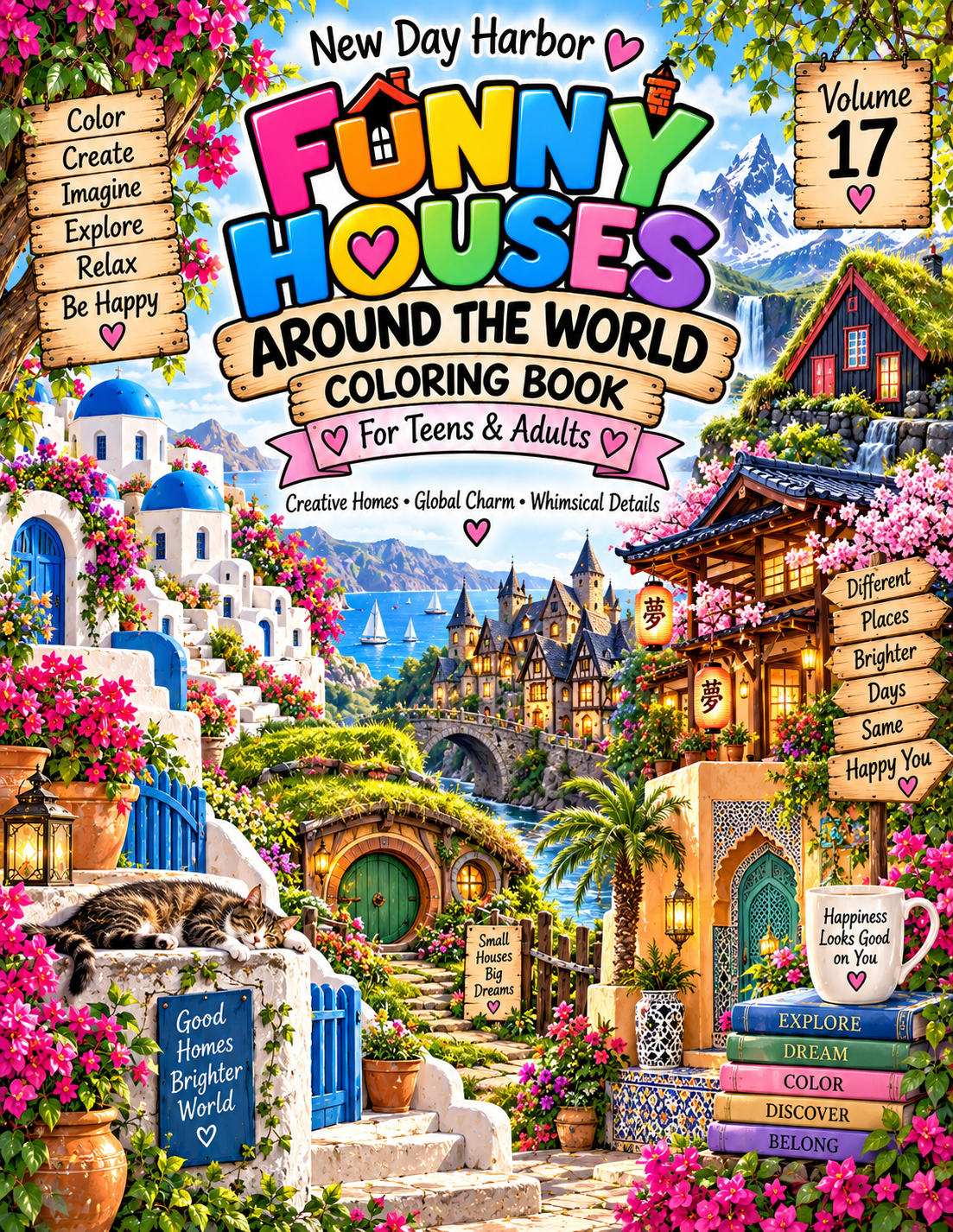 New Day Harbor – Funny Houses Around the World Coloring Book for Teens & Adults, Volume 17