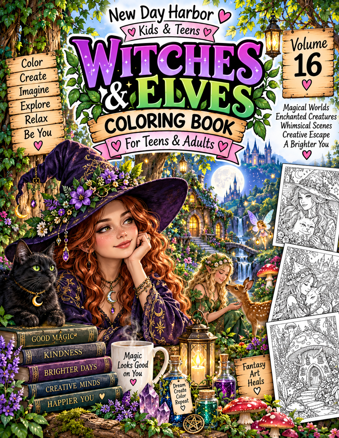 New Day Harbor – Witches & Elves Coloring Book for Teens & Adults, Volume 16