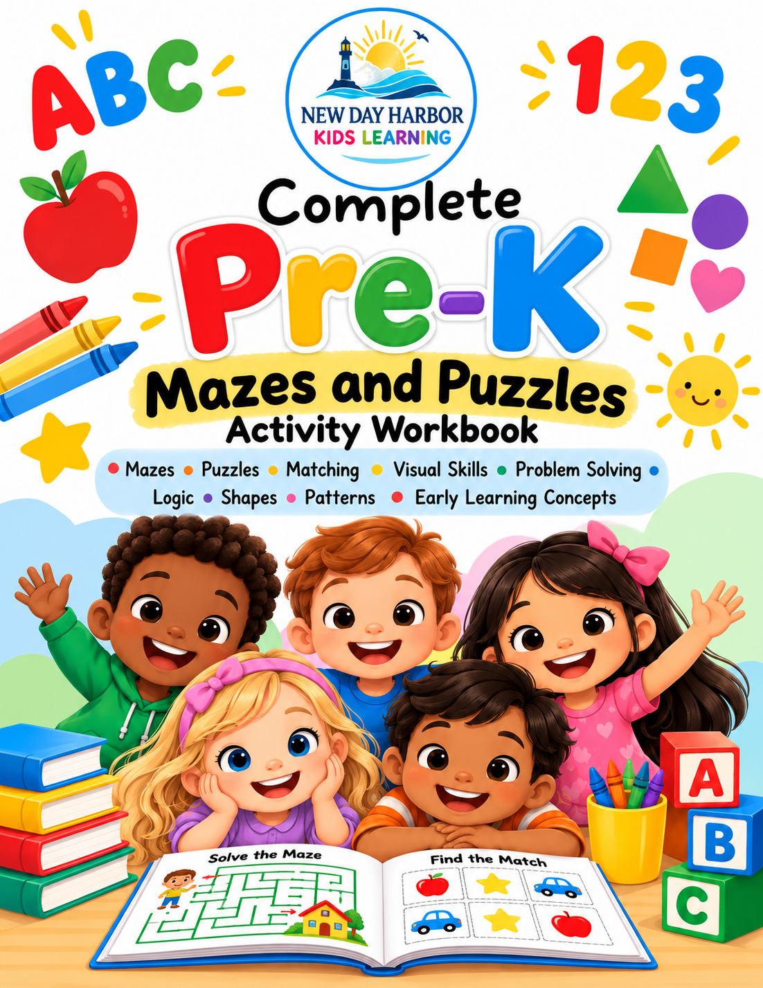 New Day Harbor Kids – Pre-K Mazes & Puzzles Activity Workbook – Alphabet, Counting, Matching, Logic & Problem-Solving