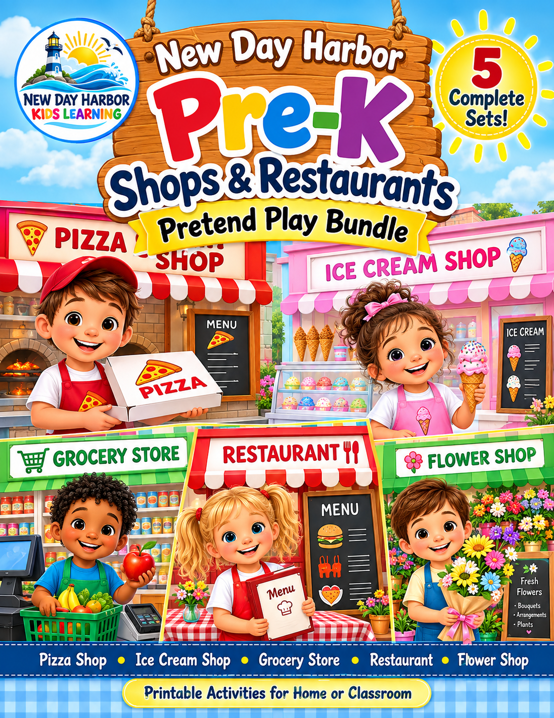 New Day Harbor Kids – Pre-K Shops & Restaurants Pretend Play Bundle – 5 Complete Role-Play Sets