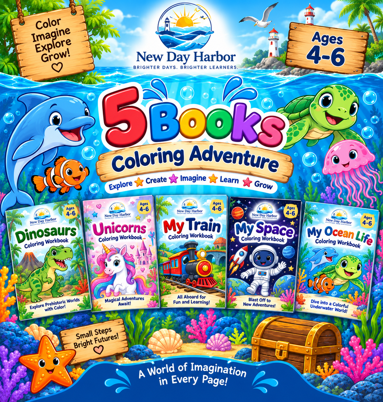 New Day Harbor 5-Book Coloring Adventure Bundle – Ages 4–8