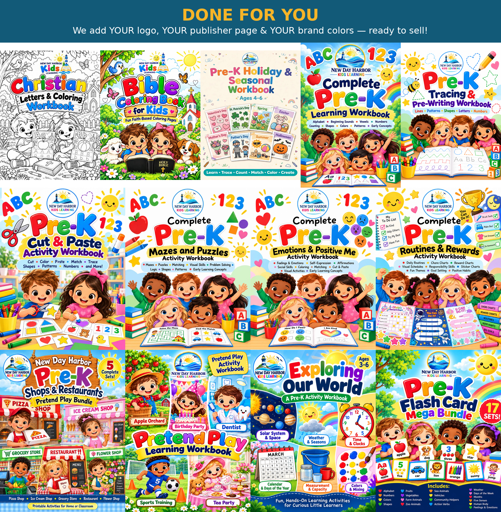 Done-For-You PLR Bundle — 13 Pre-K Workbooks Customized with Your Branding, Ready to Sell (1,558 Pages)