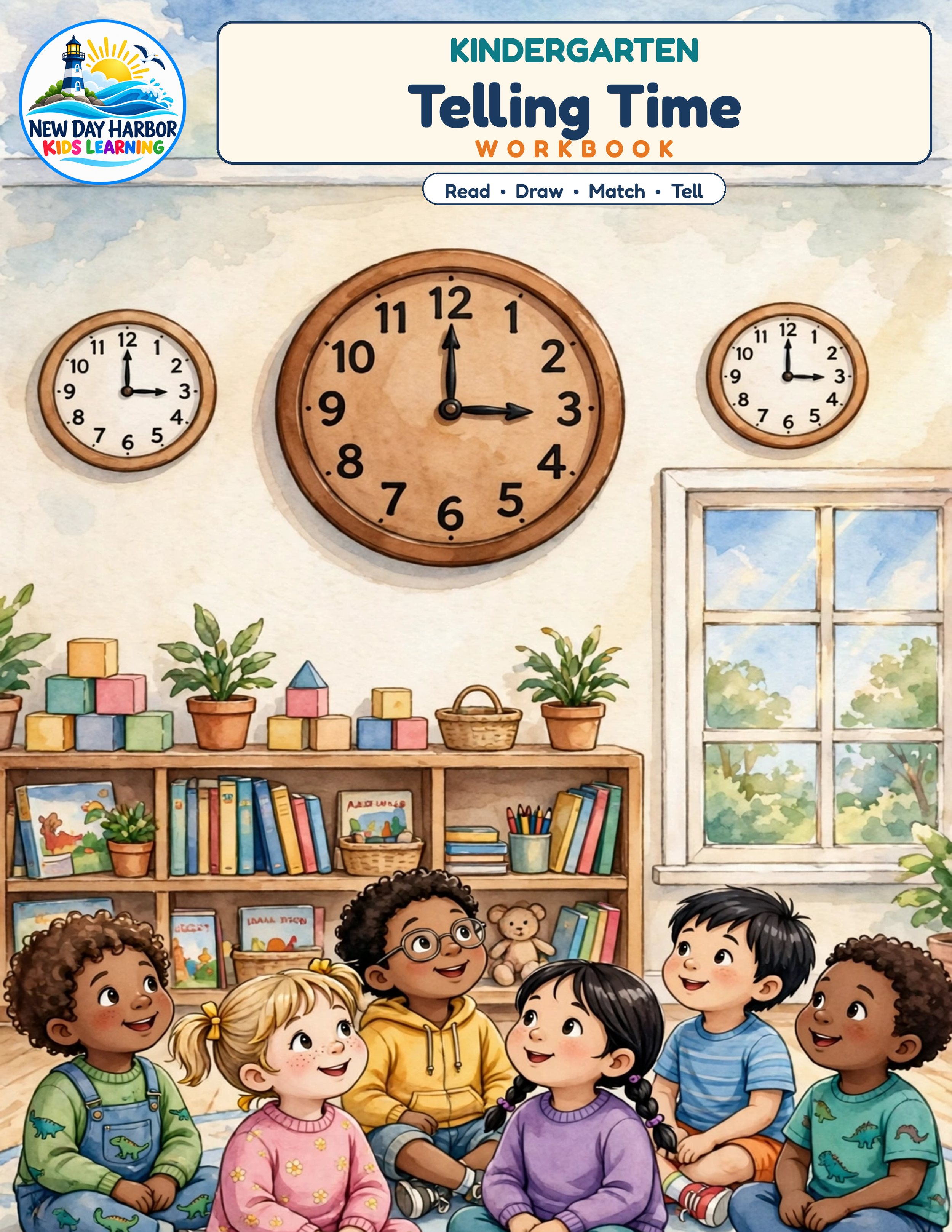 Kindergarten Telling Time Workbook | Hour & Half Hour Clock Practice | Read, Draw & Match | Homeschool and Classroom Printable