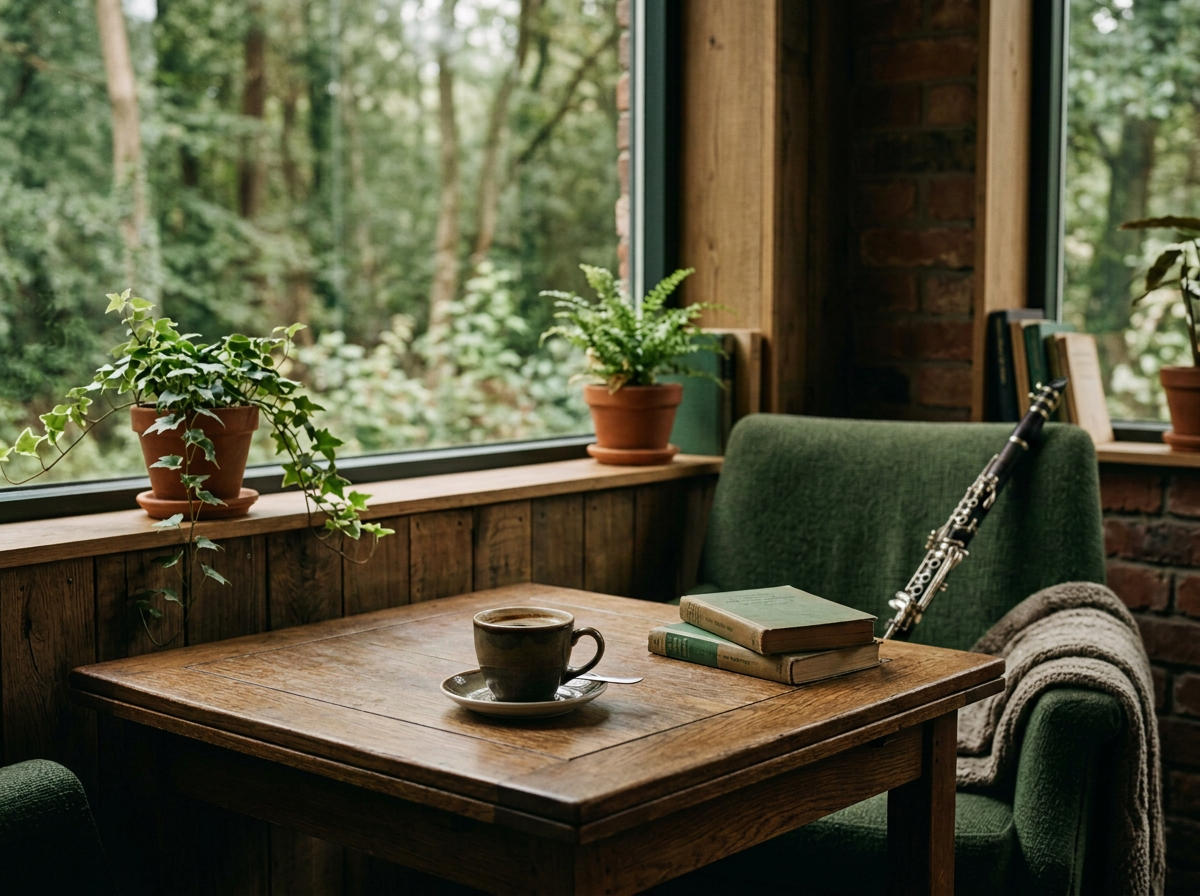 A cozy indoor corner with a wooden table, a green armchair, and potted plants on the windowsill overlooking a lush, wooded landscape.