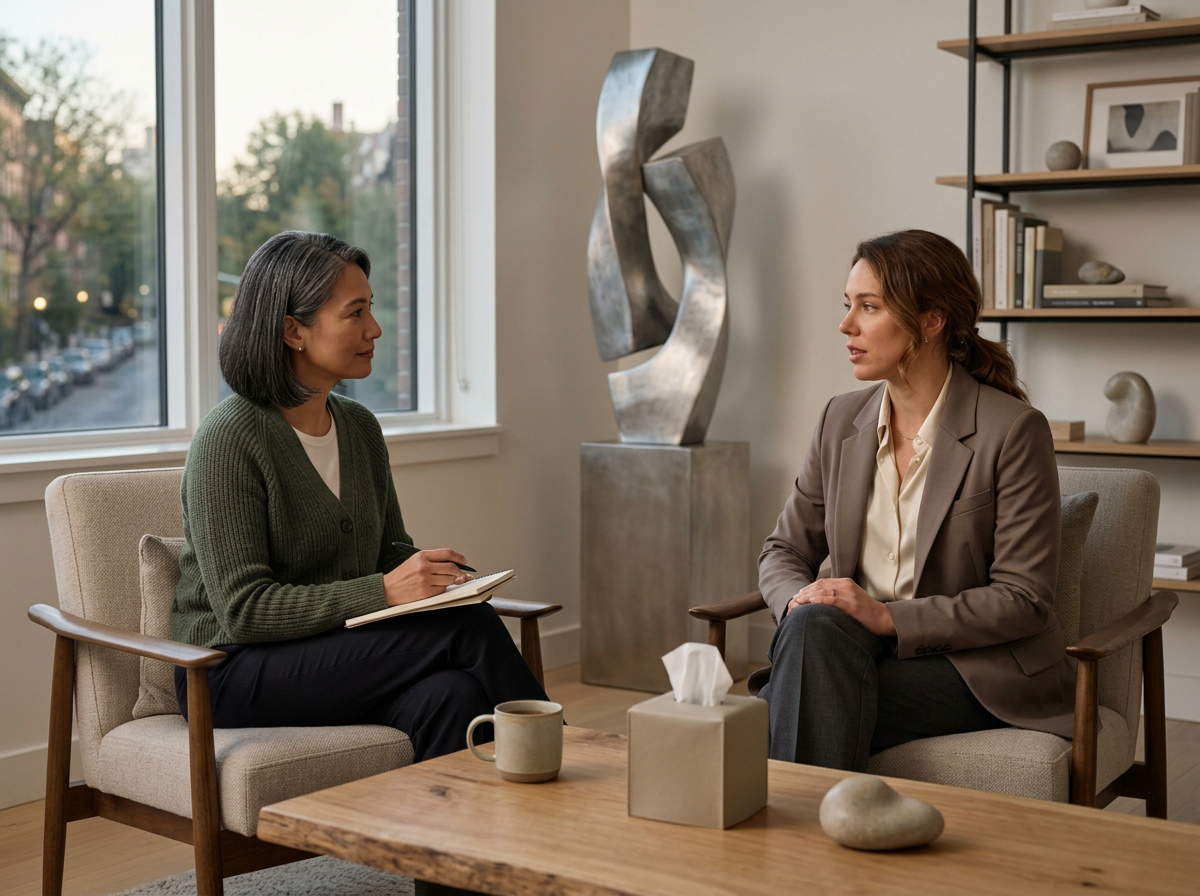 Two women having a counseling session in an office, sitting across from each other, with a tissue box, a mug, and a decorative stone on the table between them.