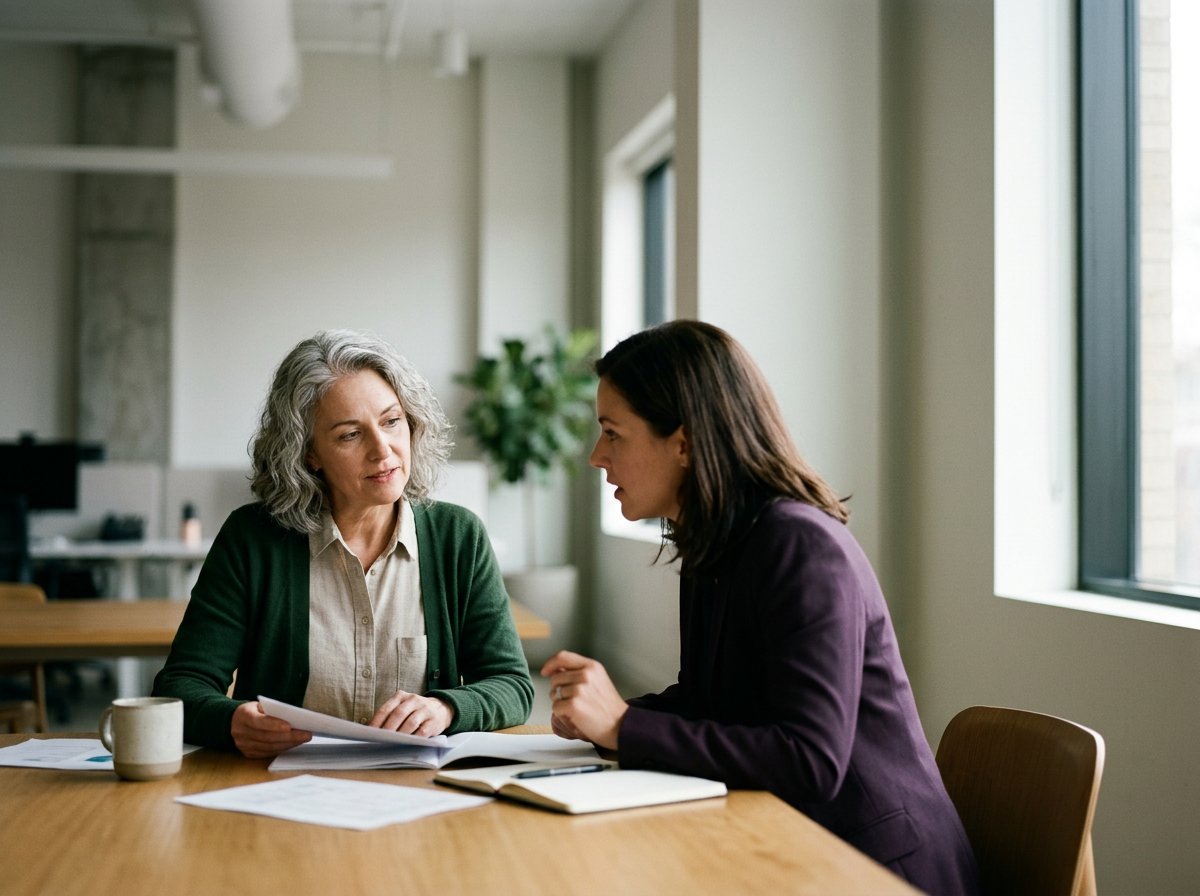Two women having a serious discussion at a table in a well-lit office.