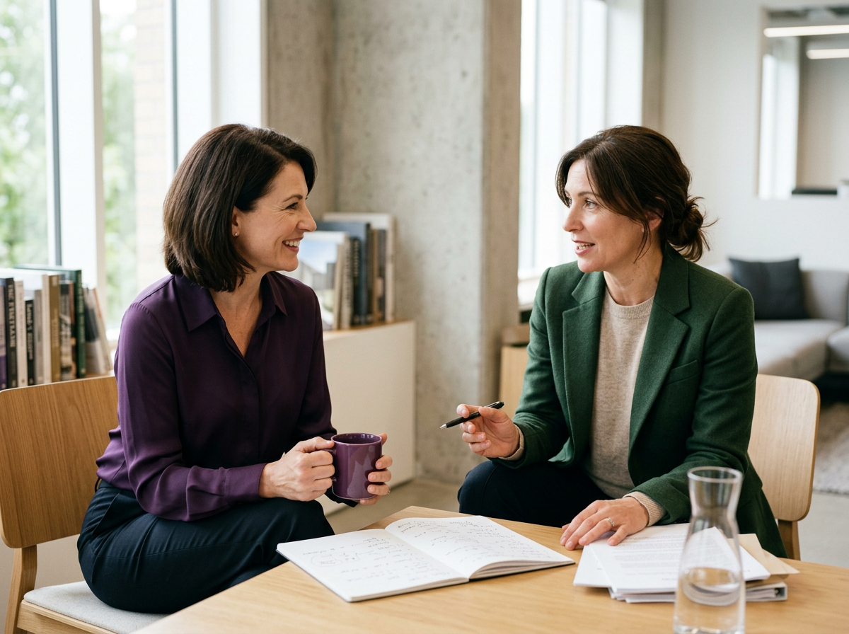 Two women sitting at a table in a bright room, smiling and engaging in a conversation, with books and papers on the table.