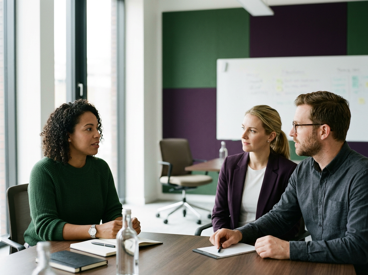 Three people in business attire having a meeting in a modern office conference room, with a whiteboard in the background.