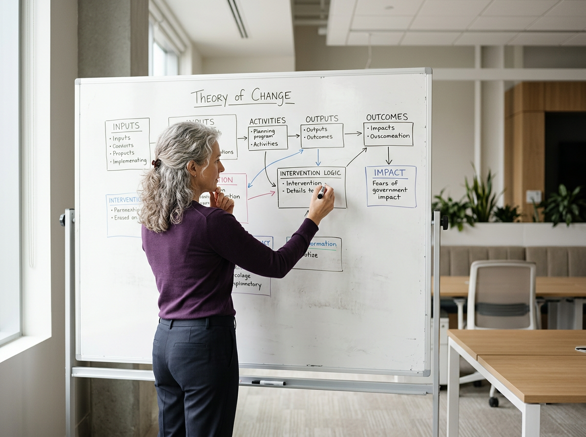 A woman with gray hair writing on a whiteboard in a conference room, presenting a flowchart titled 'Theory of Change' with various boxes and arrows.