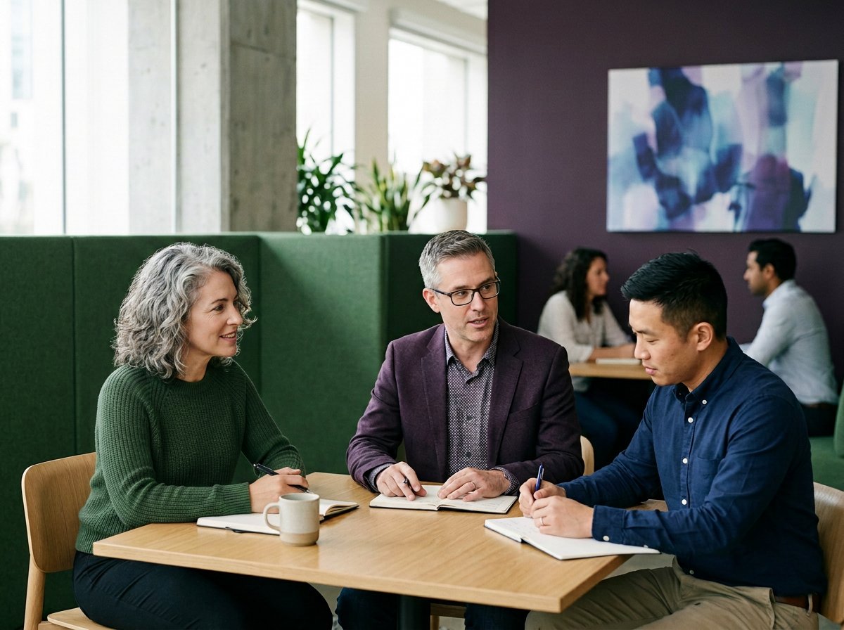 Three people sitting at a table engaged in discussion, two women and one man, in a modern office setting with plants and artwork.