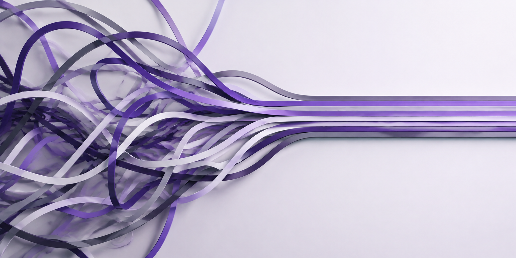 An abstract arrangement of purple, black, white, and lavender ribbons flowing on a white surface.