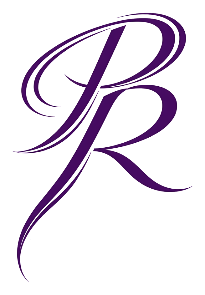 Stylized purple cursive letter "R" with decorative swirls.