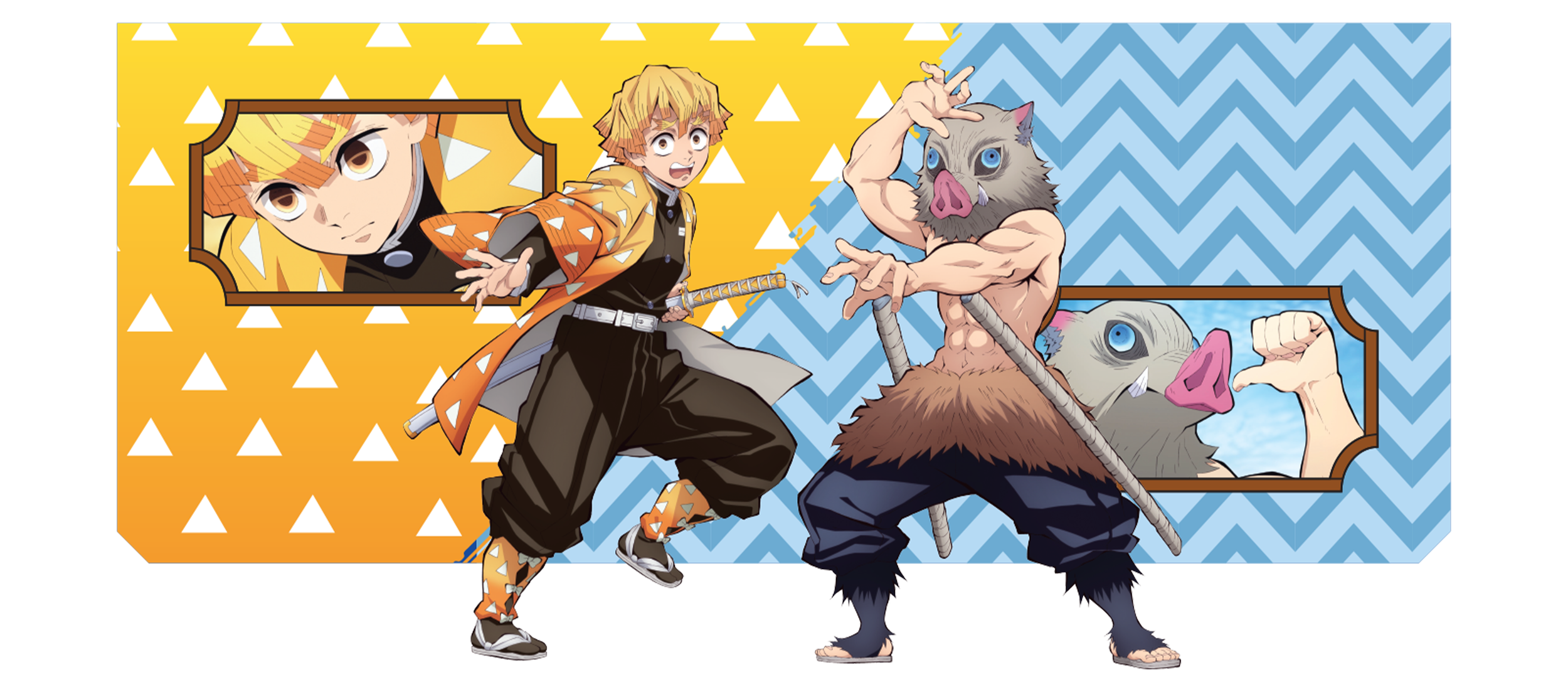 Anime characters from Demon Slayer featuring Zenitsu Agatsuma and Inosuke Hashibira in action poses, set against a colorful background with yellow and blue zigzag and triangular patterns.