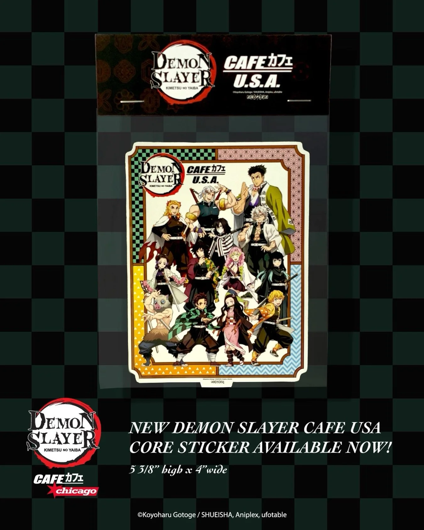 A new Demon Slayer Cafe USA collectible has arrived. ⚔️

The Core Sticker features the Demon Slayer Cafe USA crew in one exclusive design, available now at Demon Slayer Cafe Chicago while supplies last.

We&rsquo;re officially open through October, s