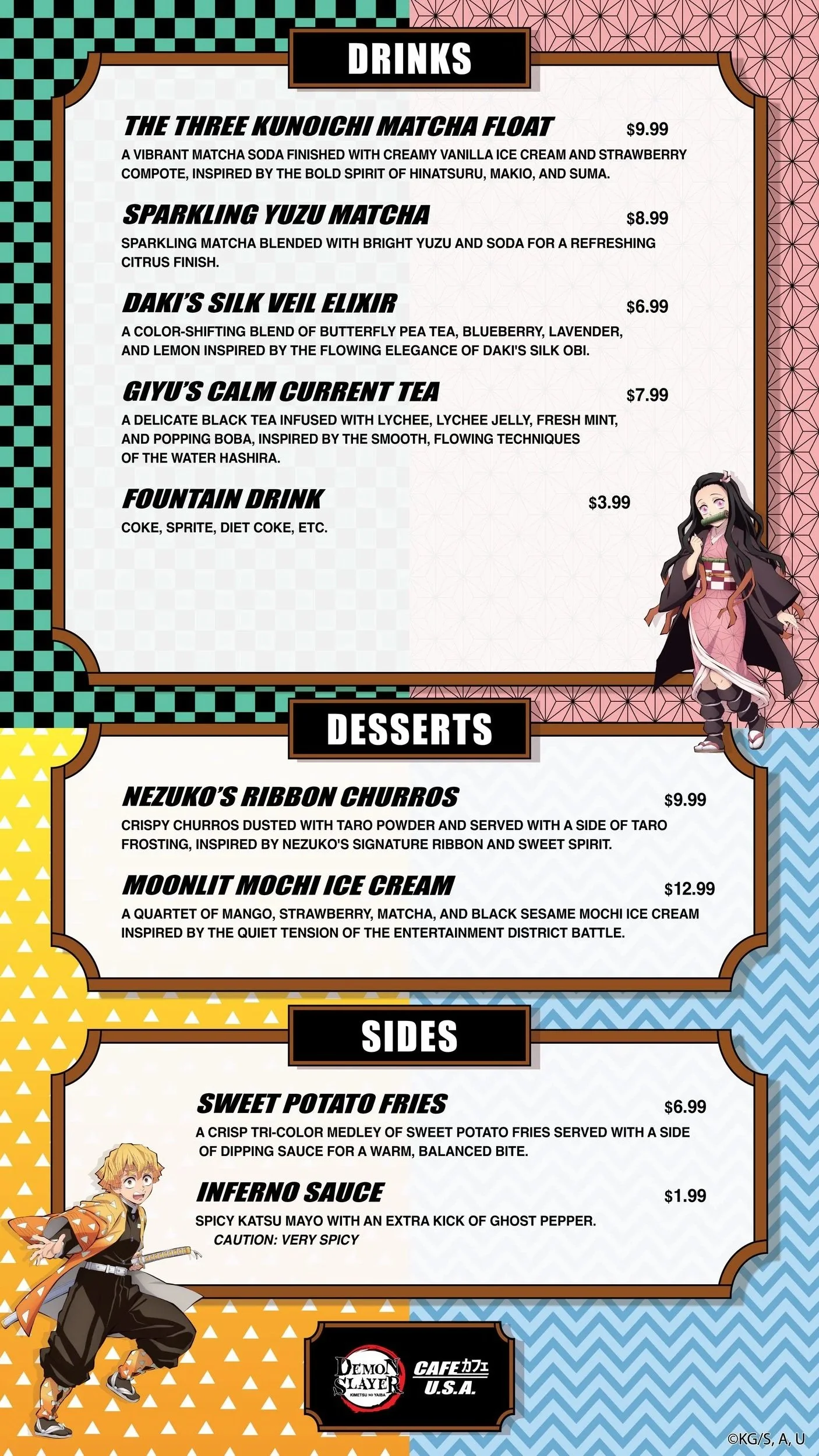 Colorful menu with drinks, desserts, and sides sections, featuring characters from Demon Slayer in a Japanese anime style, with bold fonts and vibrant geometric patterns.