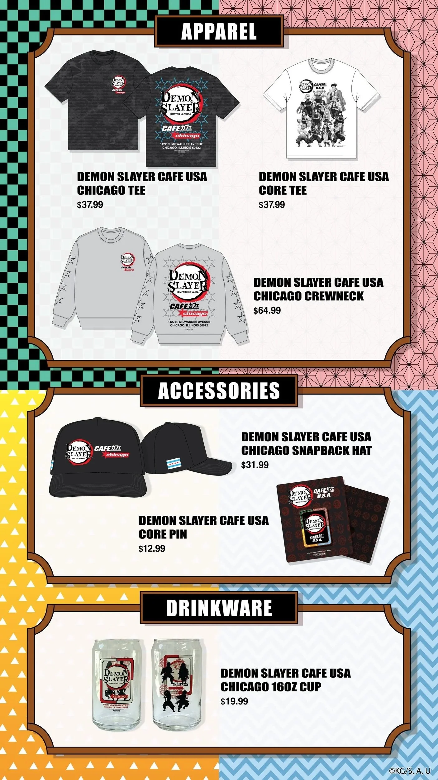 Display of Demon Slayer Cafe merchandise, including black and white T-shirts with Demon Slayer graphics, a black' cap and snapback hat with Demon Slayer branding, a Domo Slayer Cafe USA core pin, and Chicago 16oz cups with Demon Slayer artwork, in a colorful patterned background.