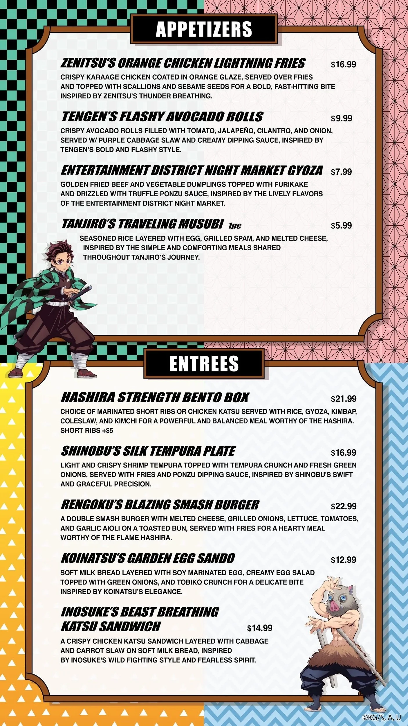Anime-style character with spiky hair, wearing a checkered haori, holding a sword, positioned next to a food menu with Japanese-inspired dishes.