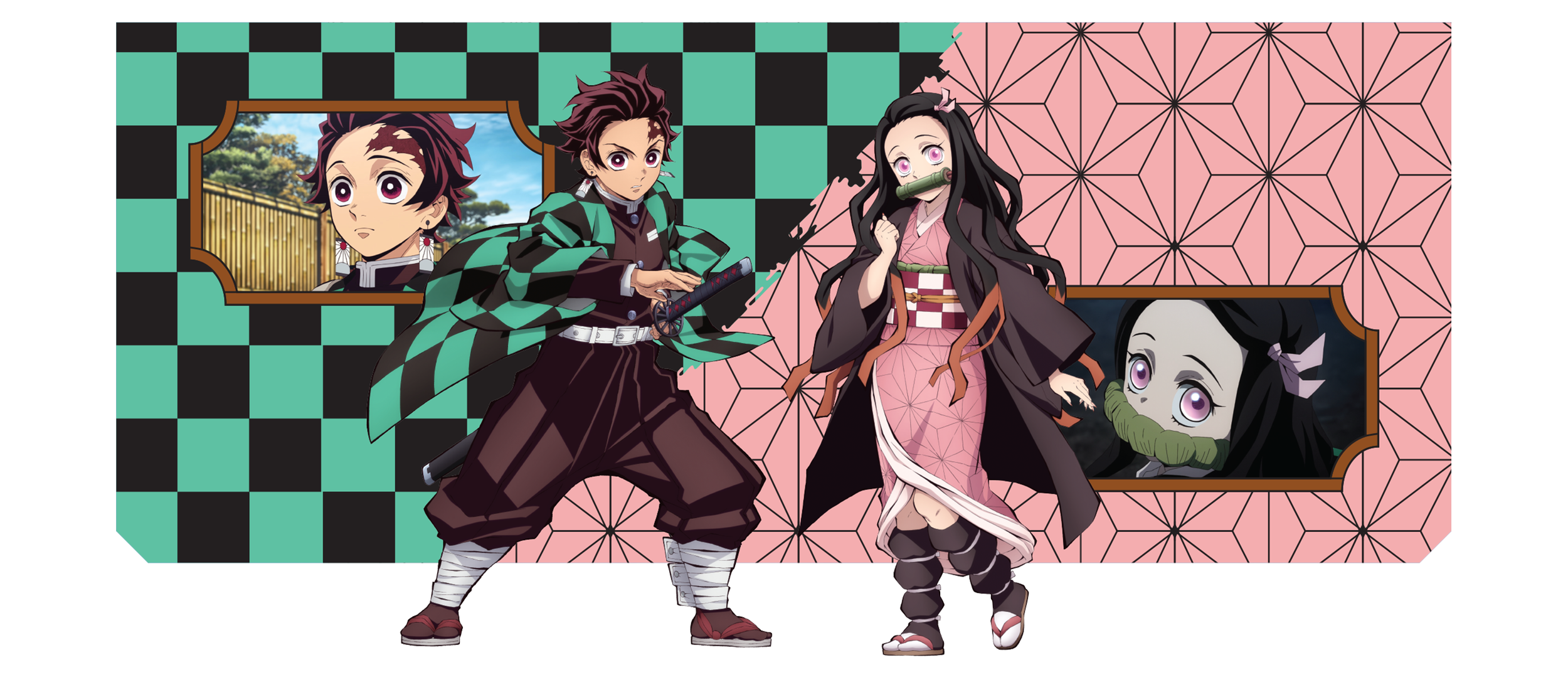 Anime-style illustration of two characters in traditional Japanese clothing, with background patterns and framed images of similar characters.