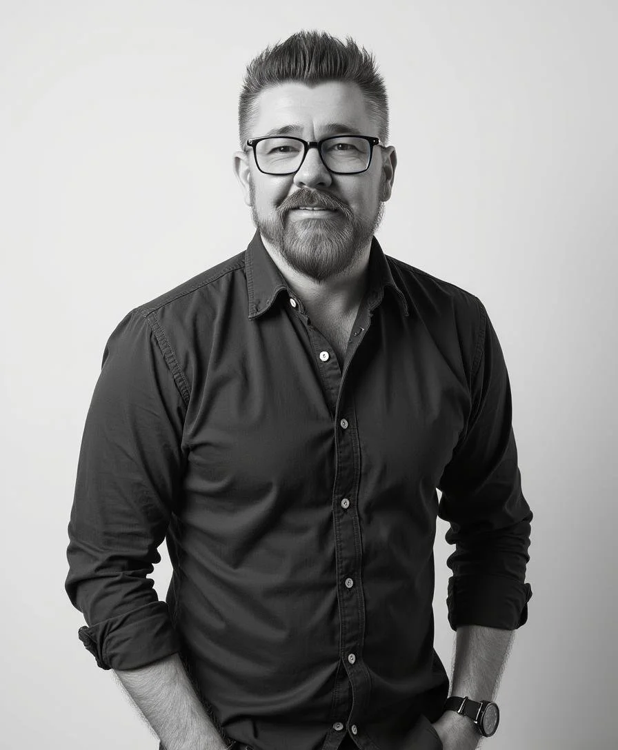 Black and white portrait of a man with glasses, a beard, and styled hair, wearing a button-down shirt with rolled-up sleeves, smiling at the camera against a plain background.