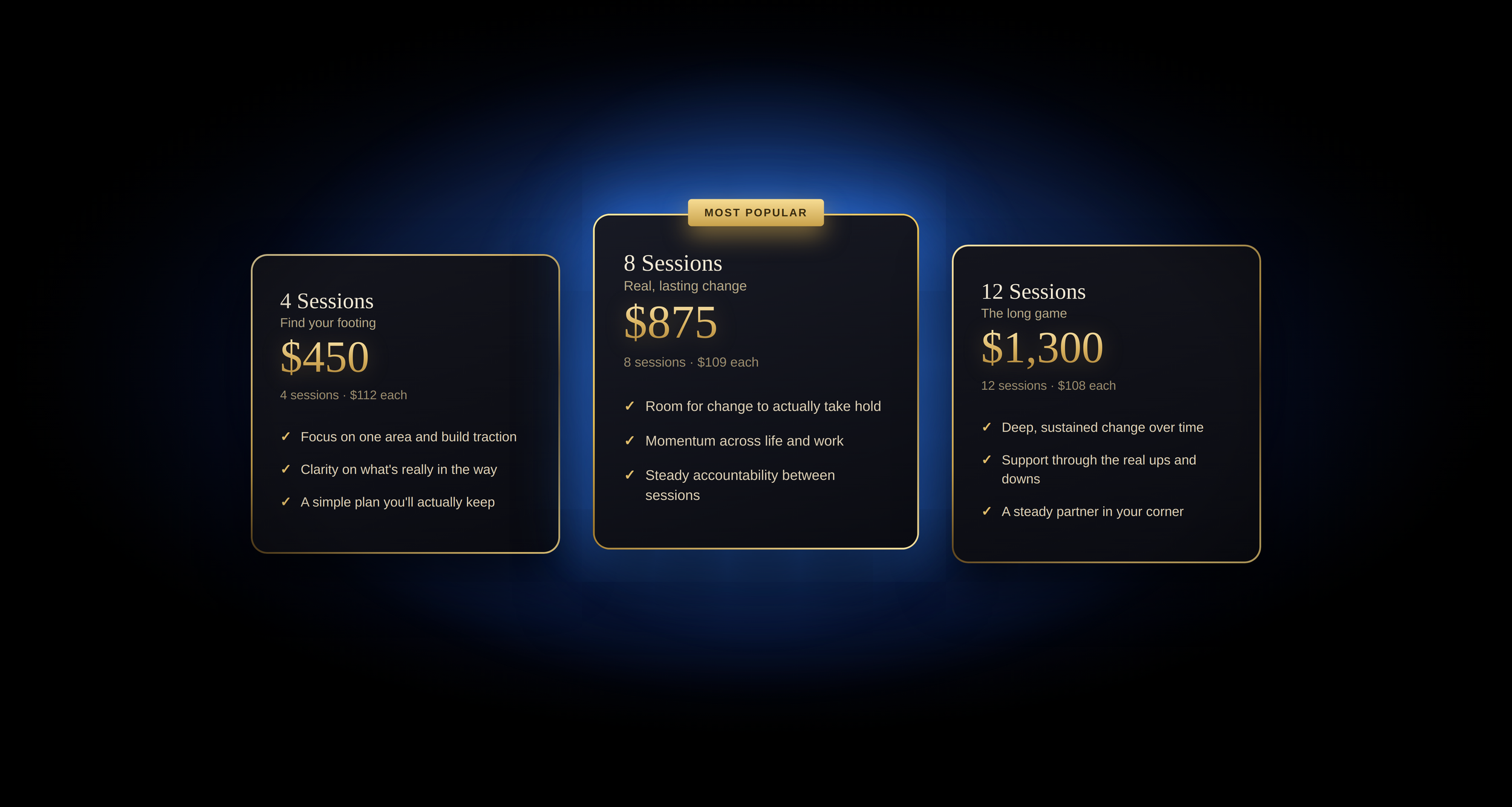 Comparison of three coaching session packages: 4 sessions for $450, 8 sessions for $875, and 12 sessions for $1,300, highlighting session details, pricing, and benefits.