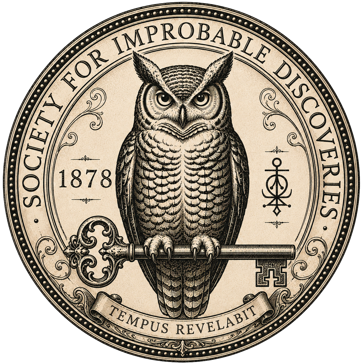 A vintage-style coin featuring an owl perched on a key with the words 'SOCIETY FOR IMPROBABLE DISCOVERIES,' the year 1878, and a Latin phrase 'TEMPUS REVEALABIT' around the edge.