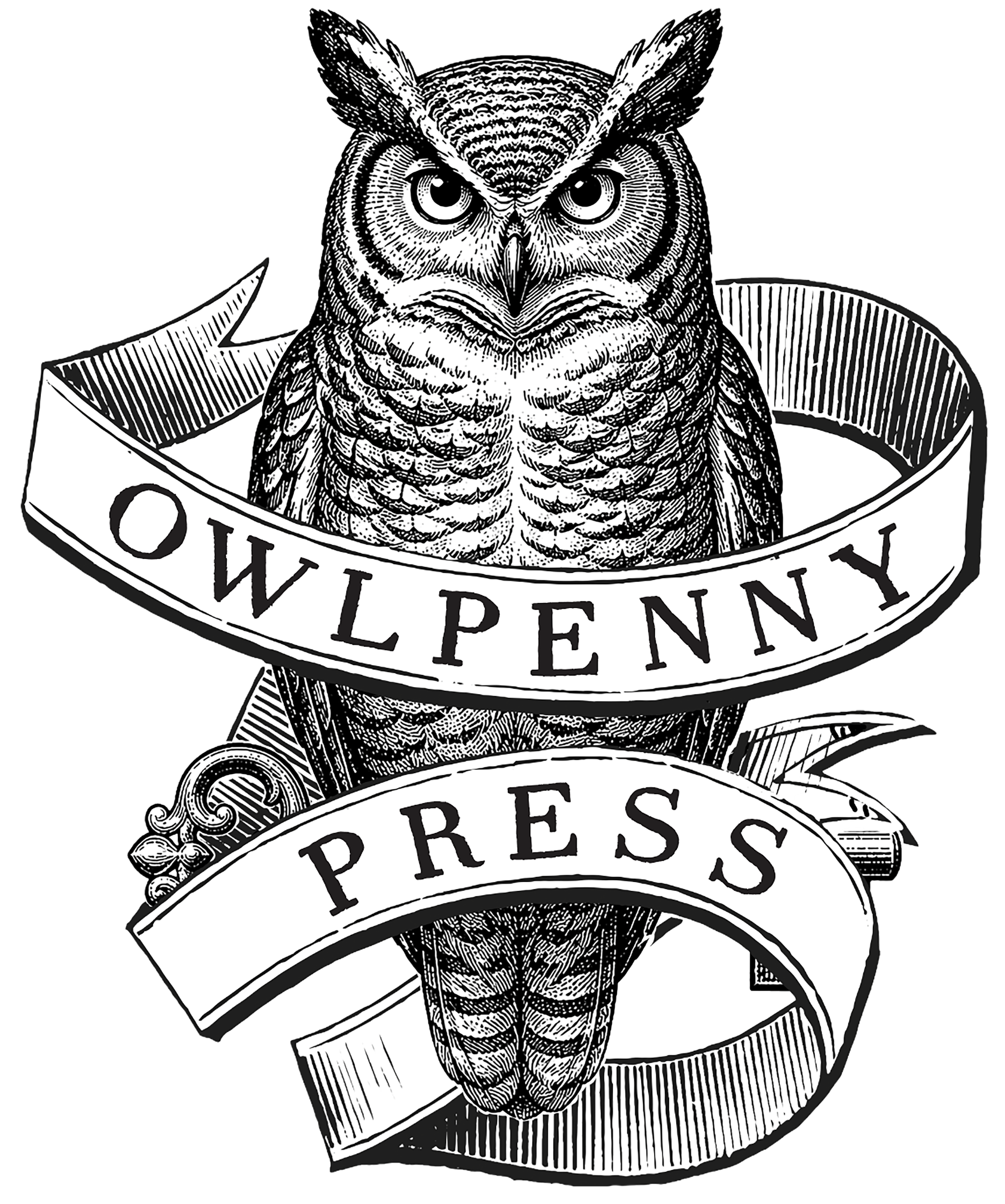 A black and white illustration of an owl with a stern expression, wearing a ribbon with the words "Owlpenny Press" visible.