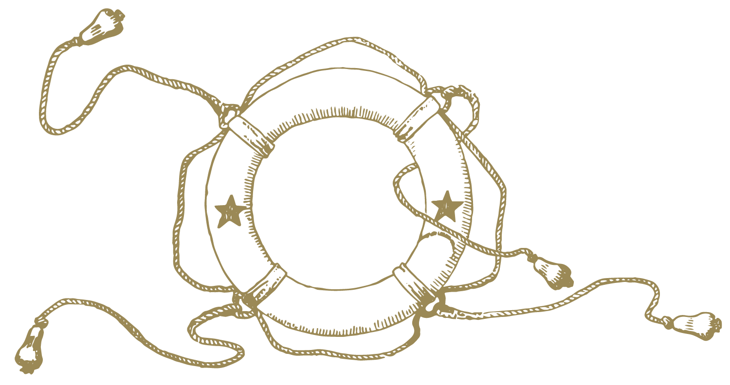 A decorative illustration of a life preserver in a gold outline on a black background.