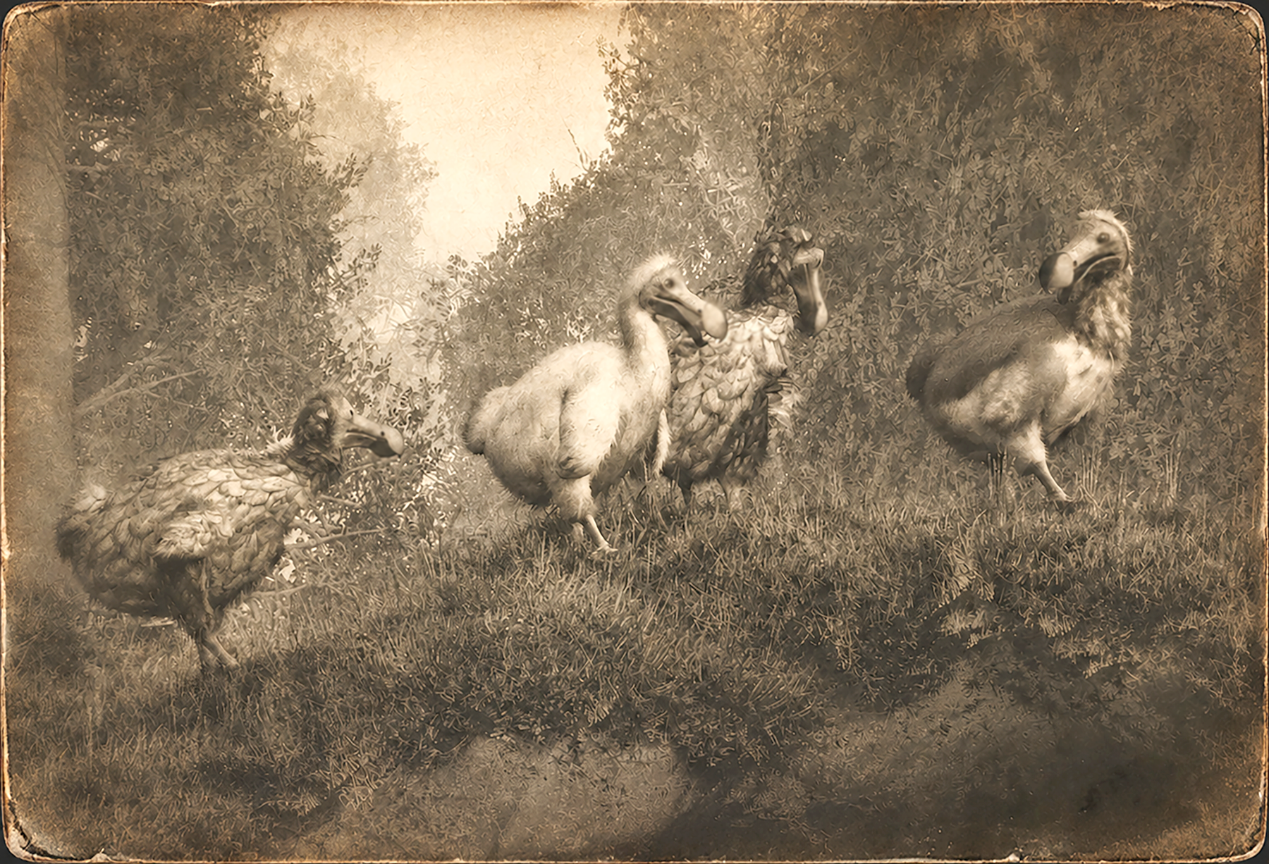Four dodos standing among dense tropical vegetation in a staged, sepia-toned historical photograph.