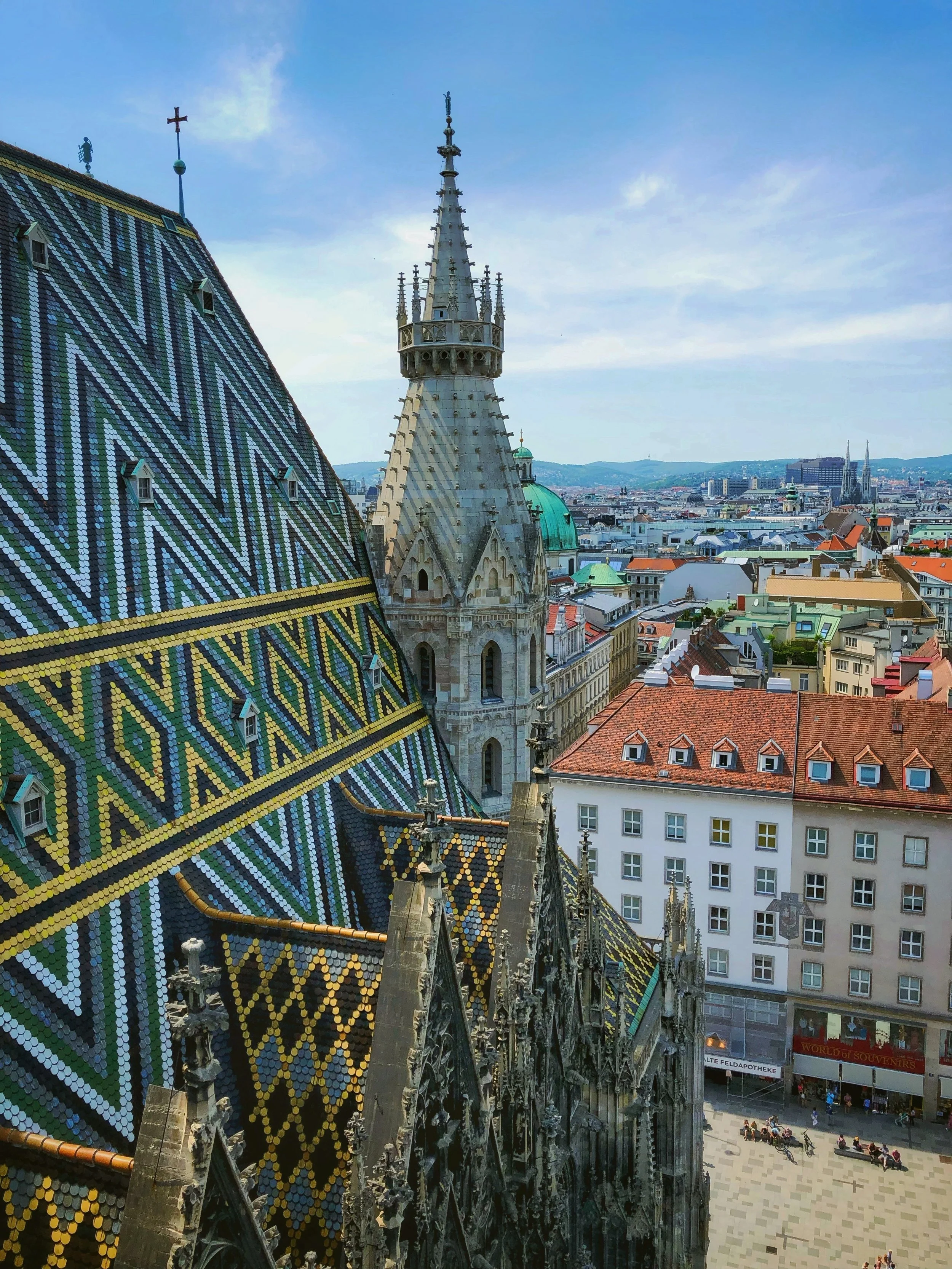 View of the Vienna skyline through the ironwork of St. Stephen's Cathedral spire.